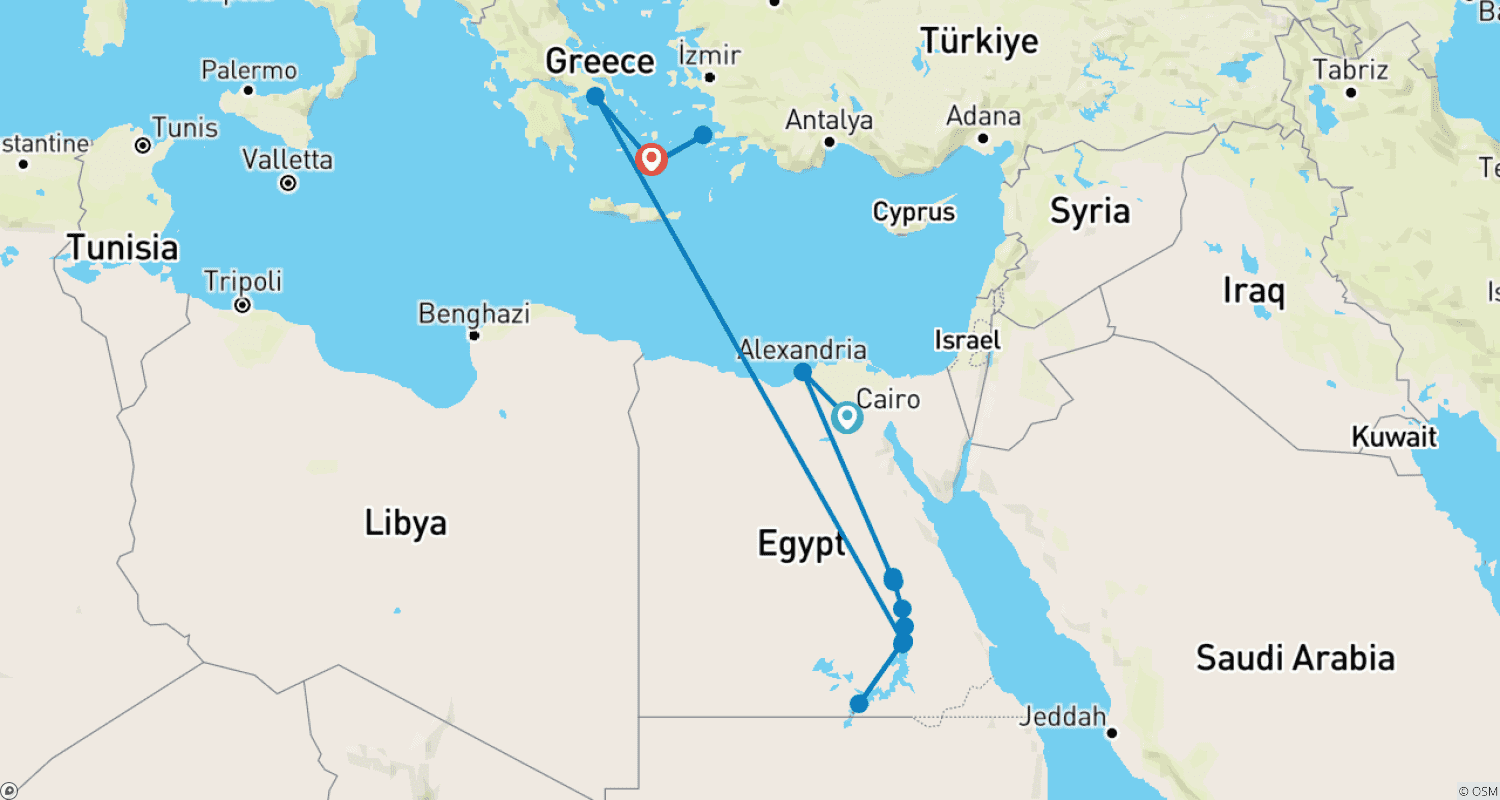 Mapa trasy: Od Piramid po zachody słońca na Santorini: 13-dniowa wycieczka do Egiptu i Grecji z 5-gwiazdkowym rejsem po Nilu i wyżywieniem