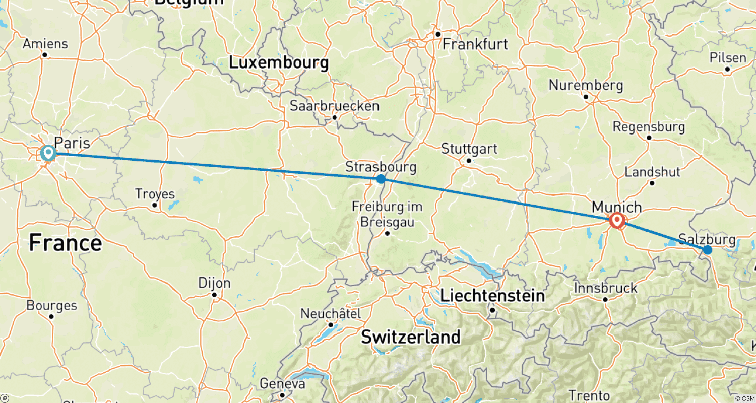 خريطة مسار Paris, Strasbourg and Munich in a Week