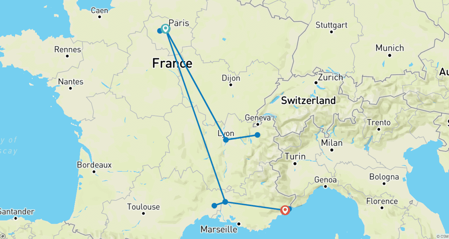 خريطة مسار Paris, Lyon, Avignon and Nice in 10 Days