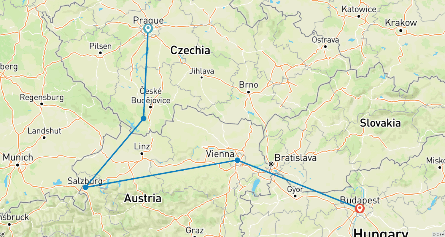 خريطة مسار Eastern Europe (Prague, Cesky, Vienna and Budapest)