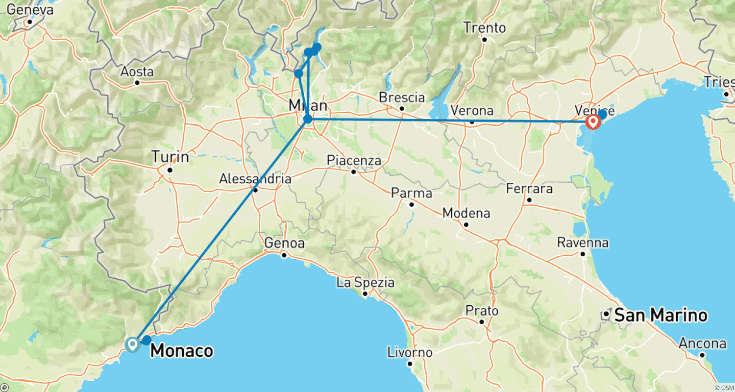 Mapa trasy: Explore Nice, Milan and Venice in a week