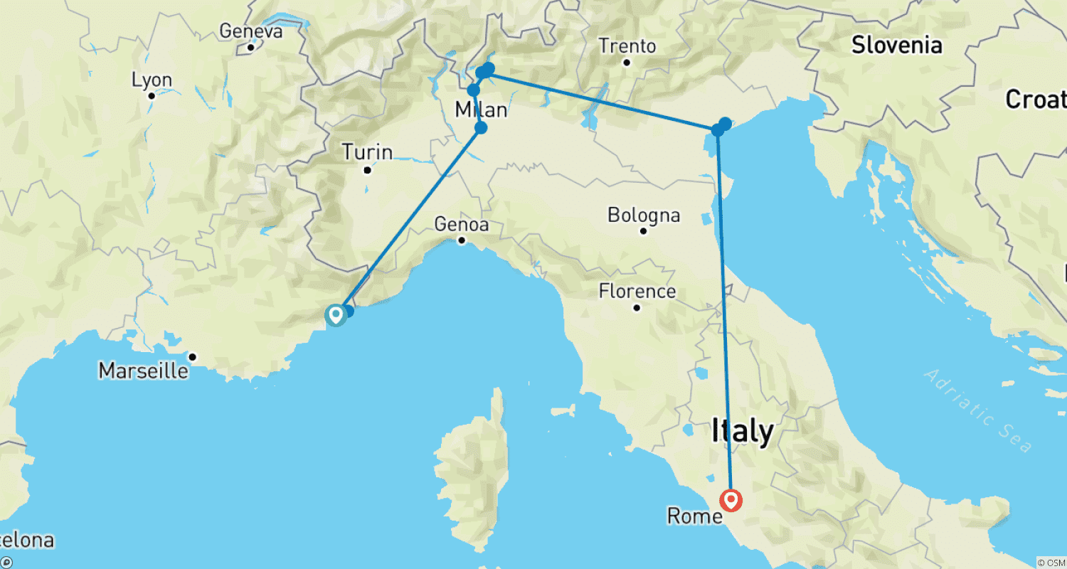 Mapa do percurso de Adventurous 9 days in Nice, Milan, Venice and Rome