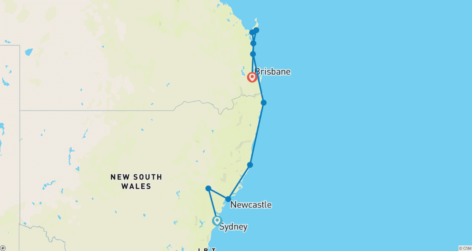 Mapa do percurso de De Sydney a Brisbane com K'gari Fraser Island e Byron Bay - Tour Conforto de 8 Dias