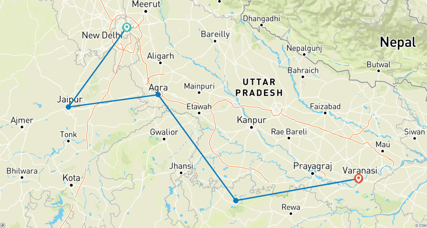 خريطة مسار 10 Days Delhi Jaipur Agra Khajuraho Varanasi Tour