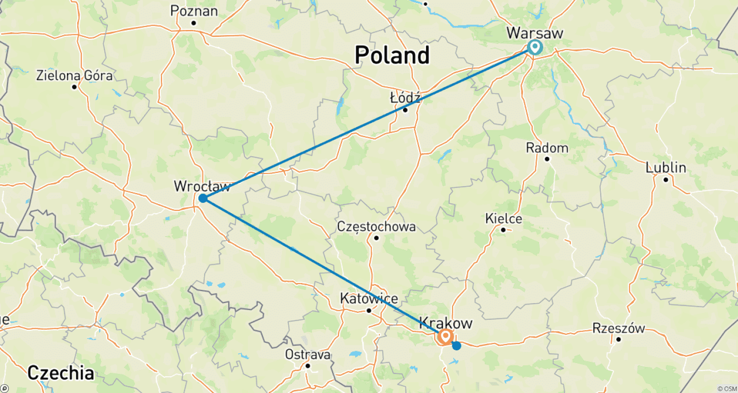 خريطة مسار Poland in 6 Day - Covering Warsaw, Wroclaw and Krakow