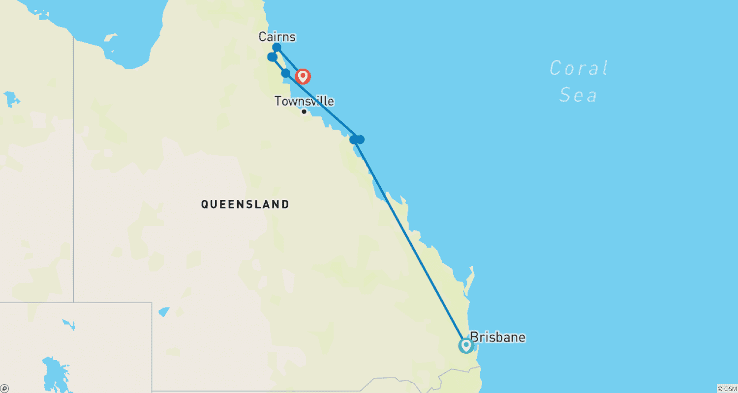 Mapa trasy: 7-dniowa komfortowa wycieczka z Brisbane do Cairns z Whitsundays i Wielką Rafą Koralową
