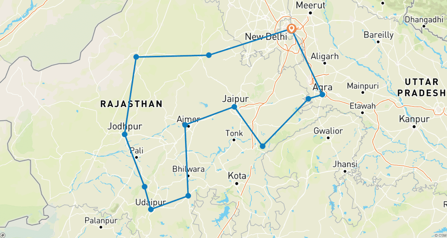 Mapa trasy: 16 Dni Kolorowej Wycieczki po Radżastanie z Tadż Mahal i Dziką Przyrodą