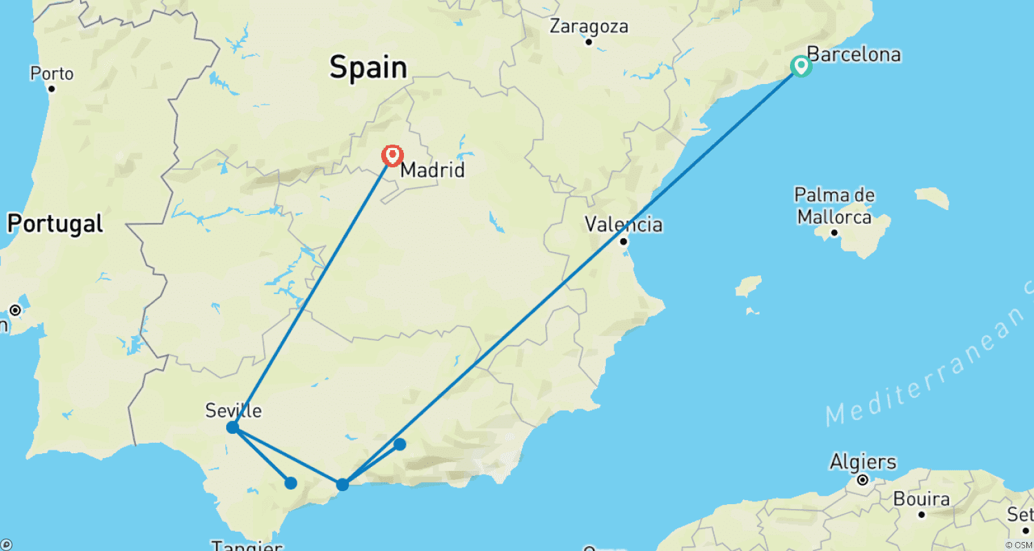 Explore Spain’s Gems: Barcelona, Malaga, Seville & Madridのルートマップ