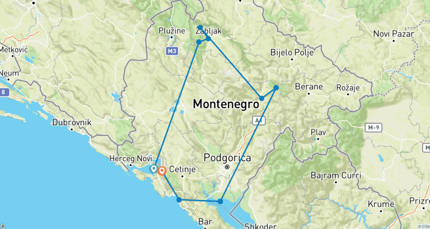 Mapa do percurso de Viagem de Carro em Montenegro: Natureza e Picos Alpinos, Aventura de 5 Dias
