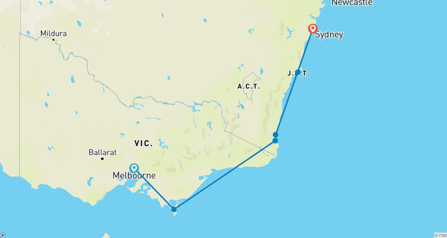 Mapa trasy: Melbourne to Sydney Adventure