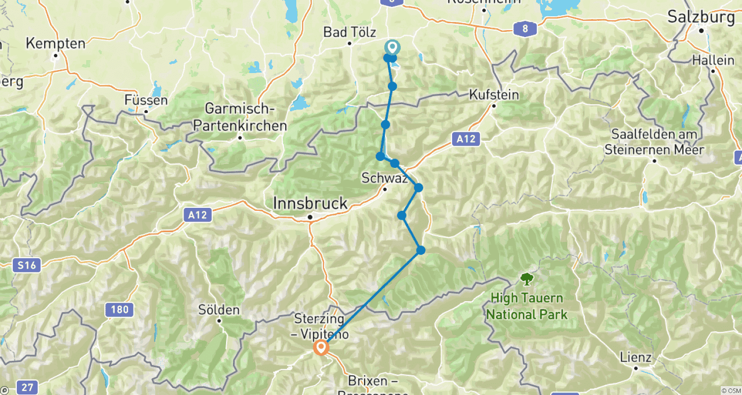 Solo Traveler Tour Alpine Crossing Tegernsee - Sterzing Guidedのルートマップ