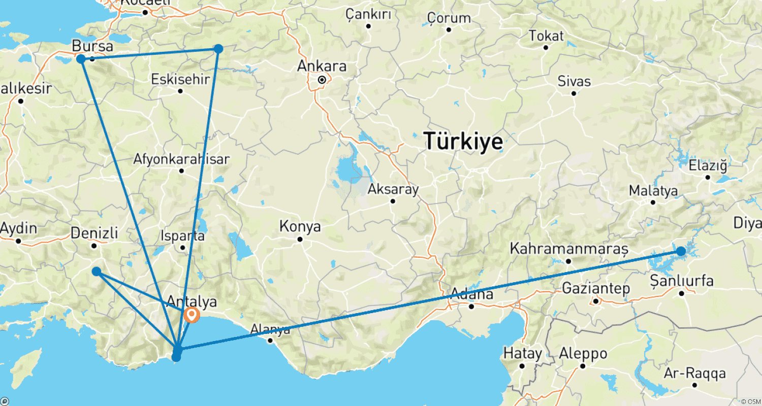 Mapa do percurso de Lycian Way - Site Hiking Tour in Cirali 8 Days