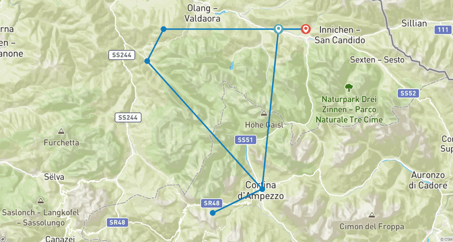 Mapa do percurso de Ciclismo de Montanha nos Parques Naturais das Dolomitas 7 Dias