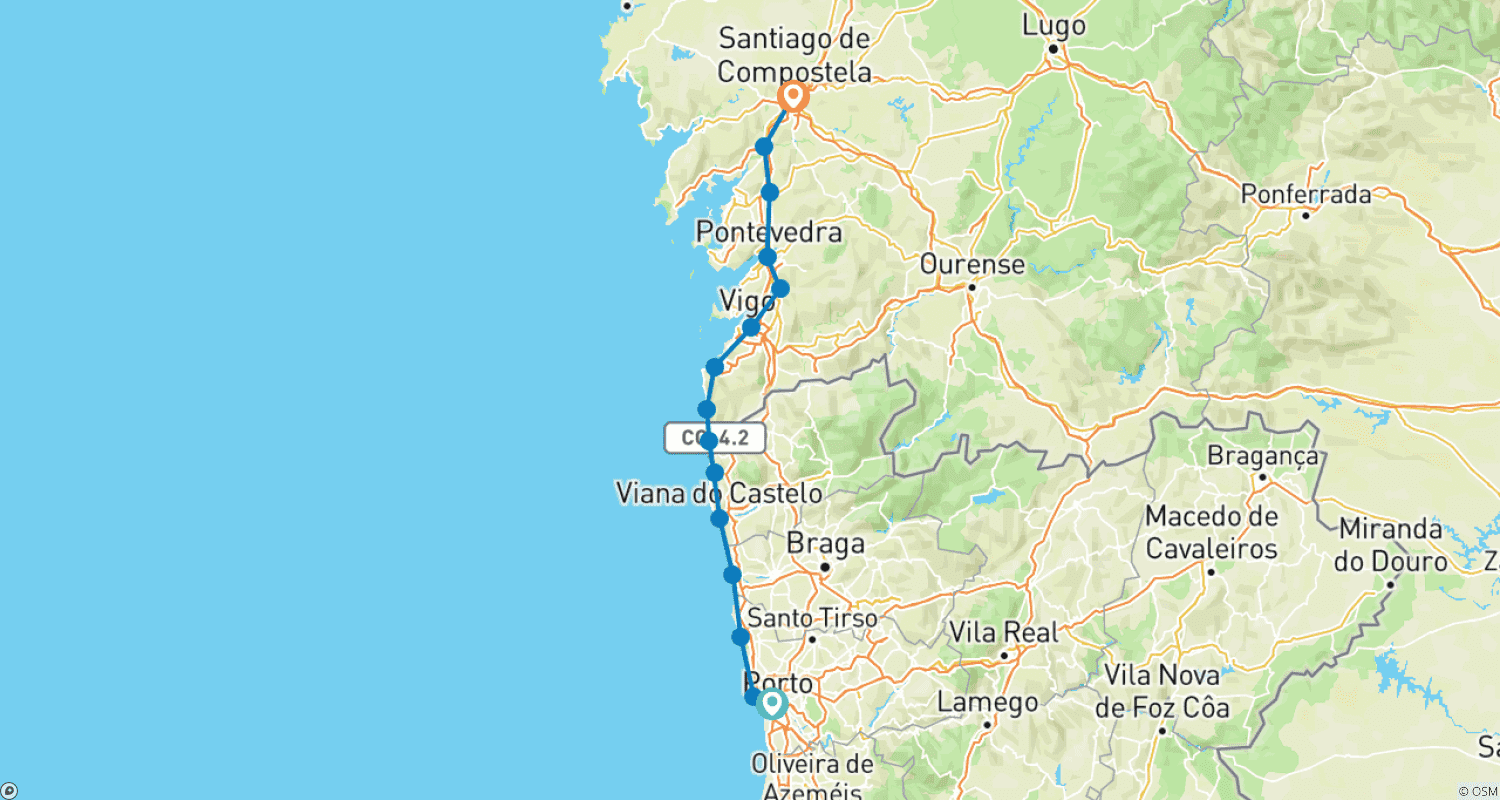 Mapa trasy: Portugalska Droga św. Jakuba Szlak Nadmorski - Z Porto do Santiago1 5 Dni