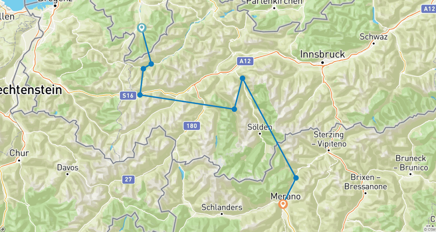 Mapa do percurso de Crossing the Alps E5 Oberstdorf-Meran with Charm 8 Days