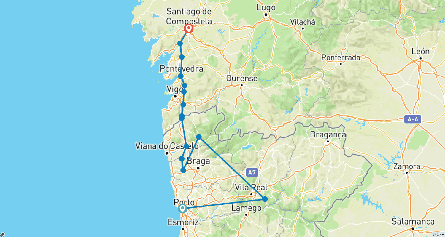 Mapa do percurso de Portuguese Way of St. James From Porto to Santiago 14 Days