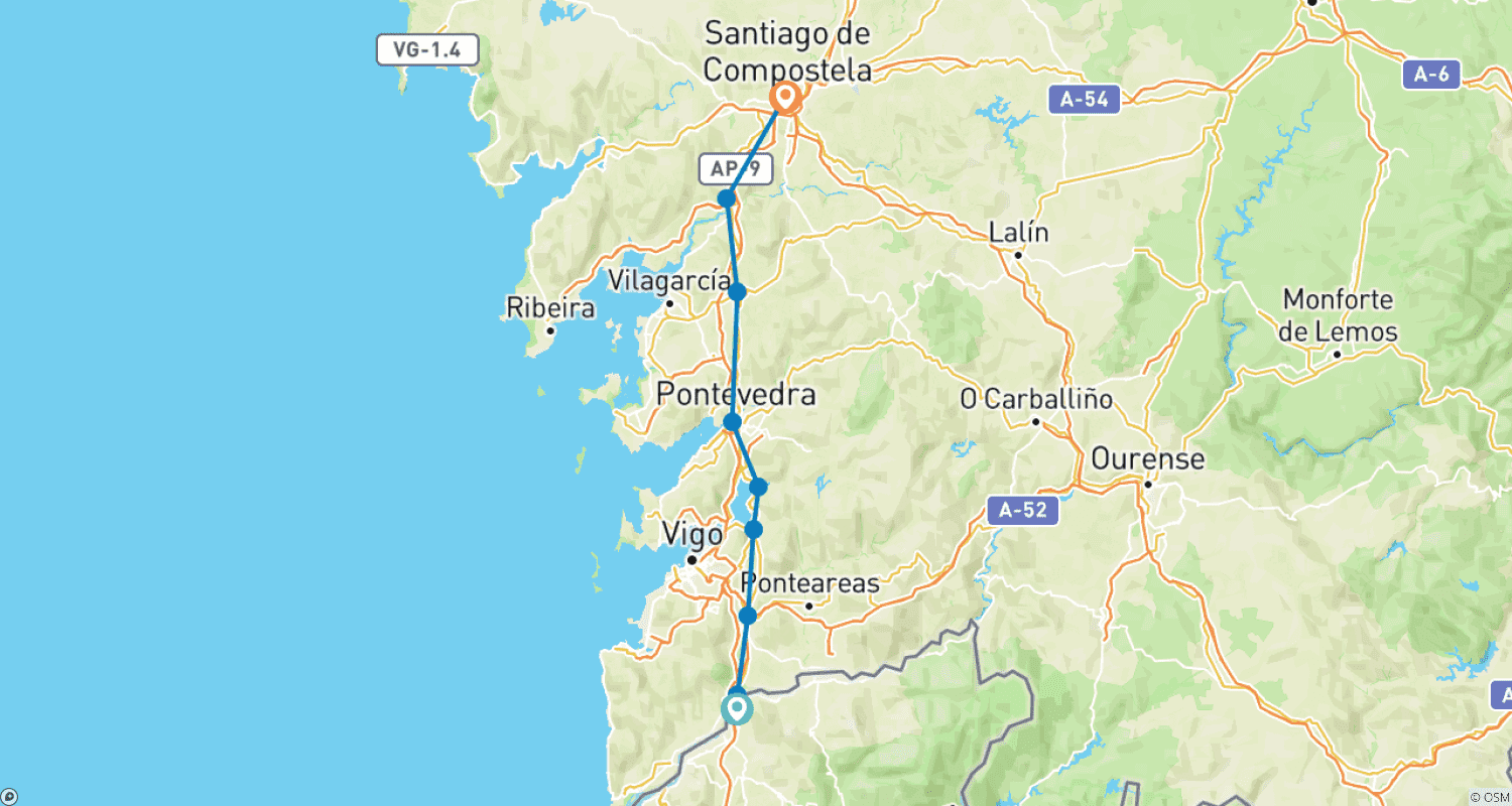 Mapa do percurso de Caminho Português de Santiago: De Valença a Santiago, 8 Dias