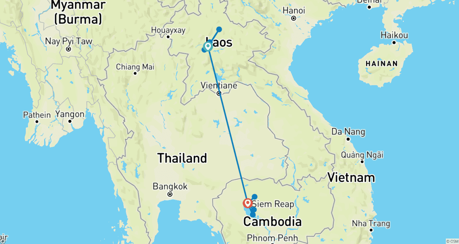 Mapa trasy: Laos i Kambodża - Duchowa podróż z Luang Prabang do Angkor Wat 11 dni