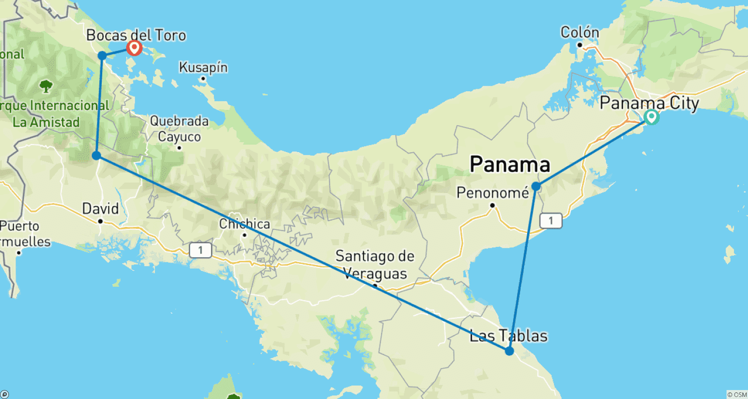 Best of Panama Tour with Emberá Experience13 Daysのルートマップ