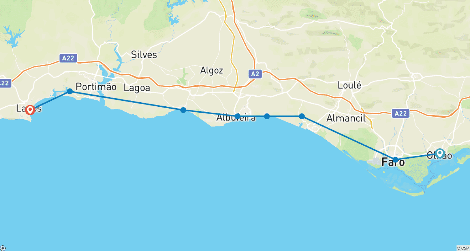 Portugal Short Trip: Olhão to Lagos 5 Daysのルートマップ