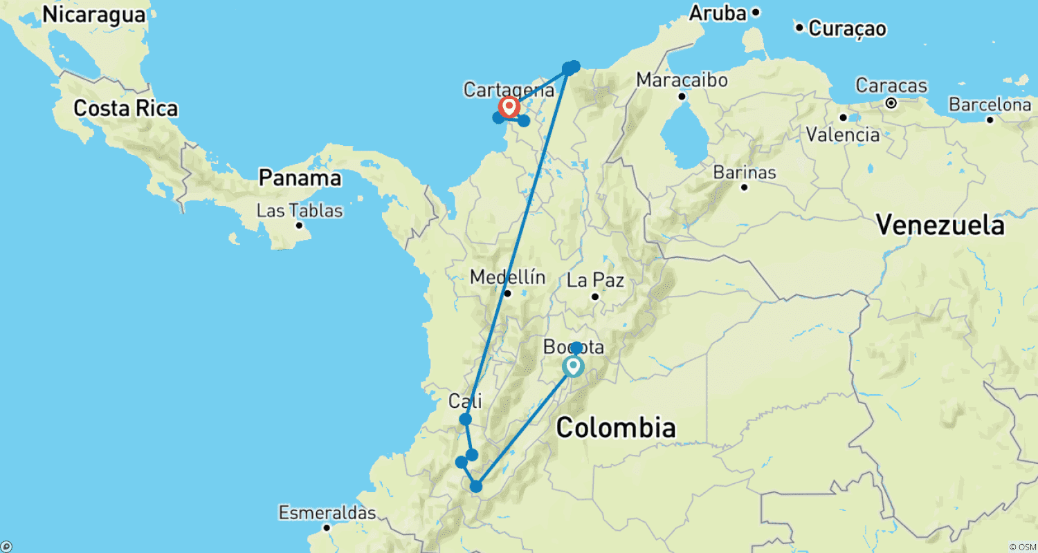 Mapa do percurso de Colômbia - De Bogotá a Cartagena em 14 Dias