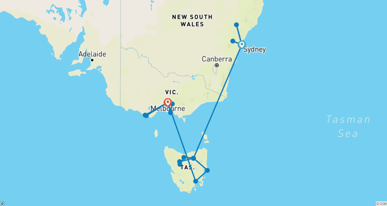 خريطة مسار Australia - Peaks, Coast and Cities: From Sydney to Tasmania 14 Days