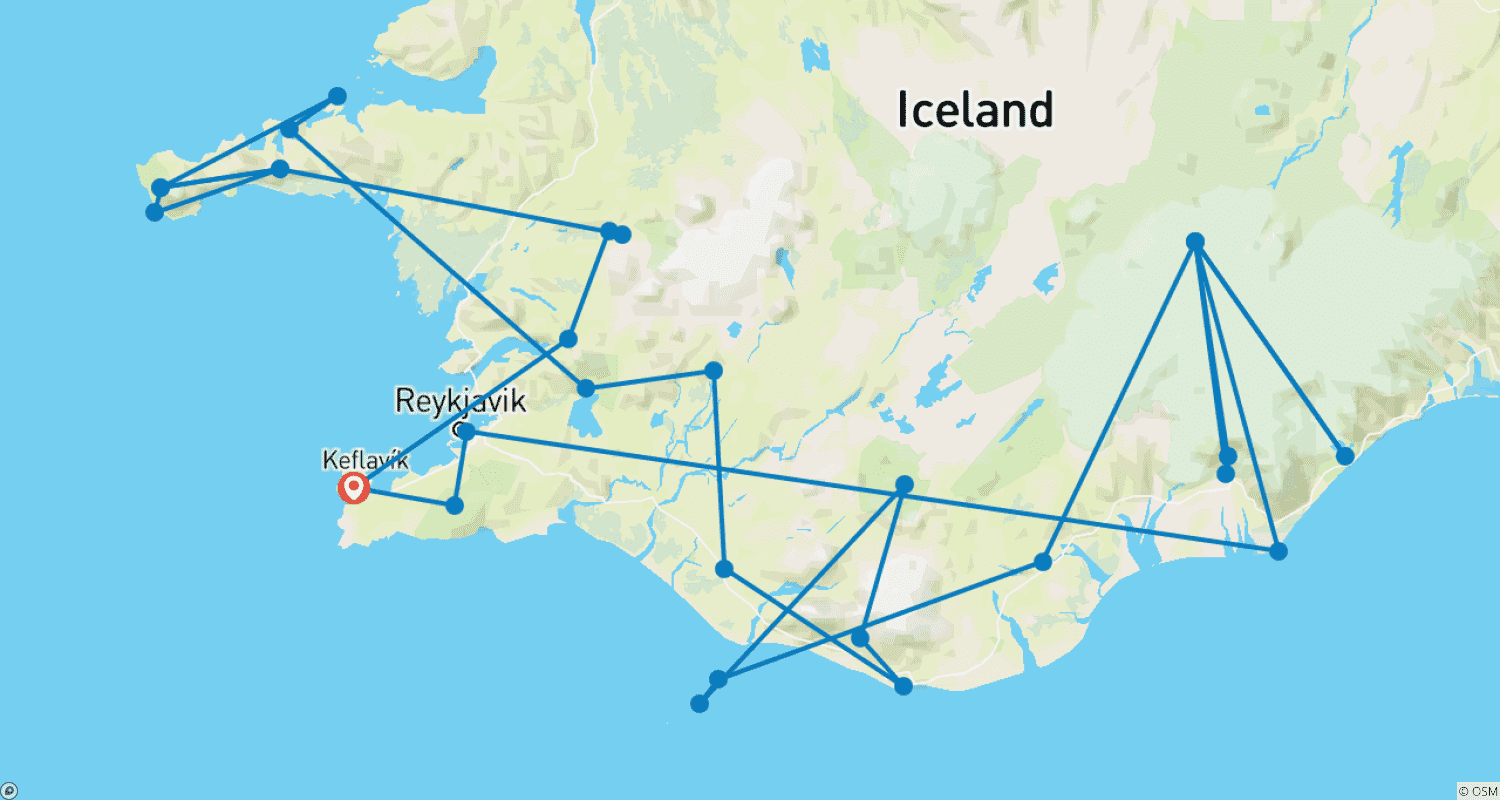 Mapa do percurso de The Magic Tour through Iceland 15 Days