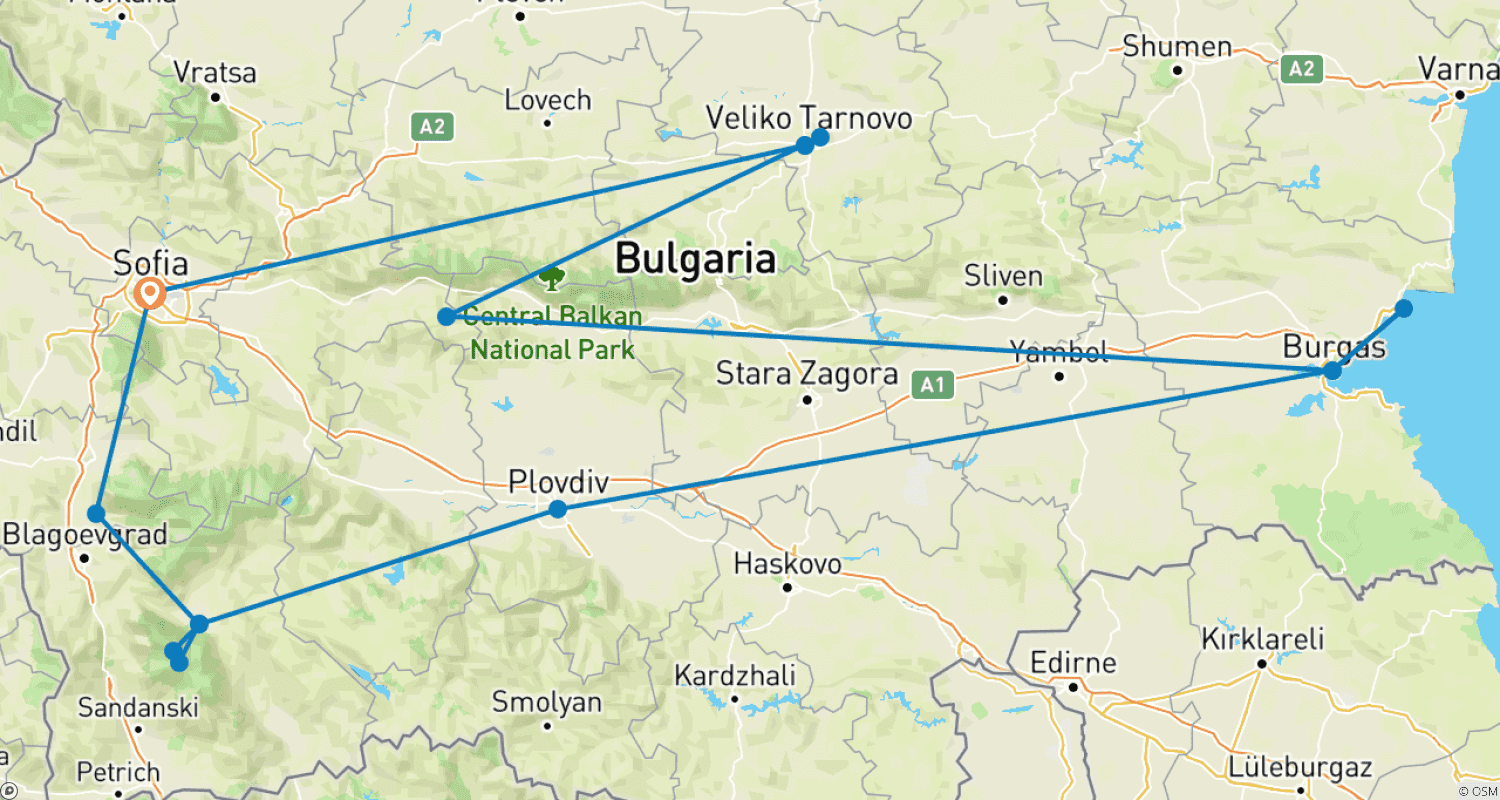 Mapa do percurso de Bulgaria - Individual Round Trip by Train 17 Days