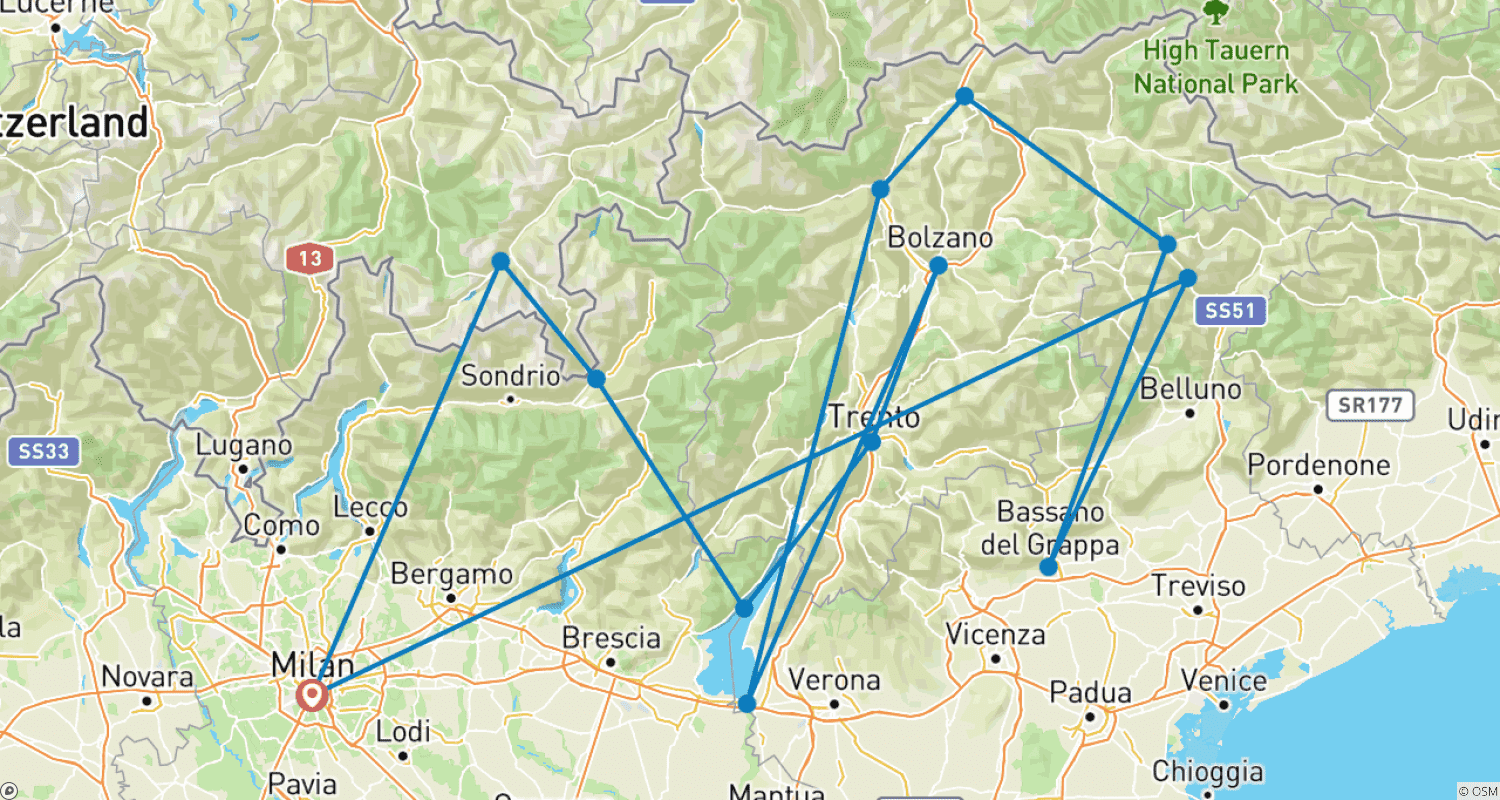 Mapa trasy: Włoskie Jeziora, Alpy i Dolomity - 9 dni