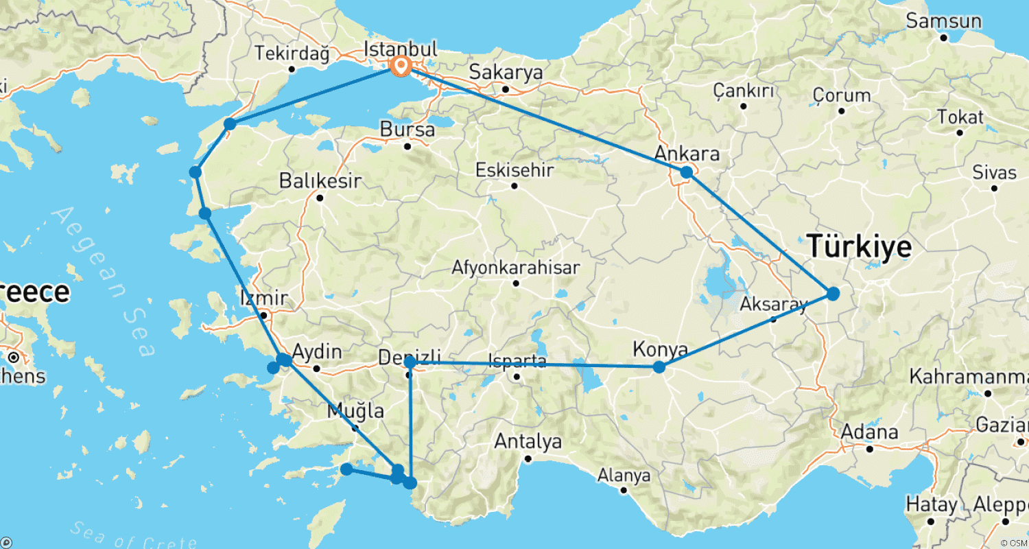 Classic Turkey & Gulet Cruise - 13 daysのルートマップ