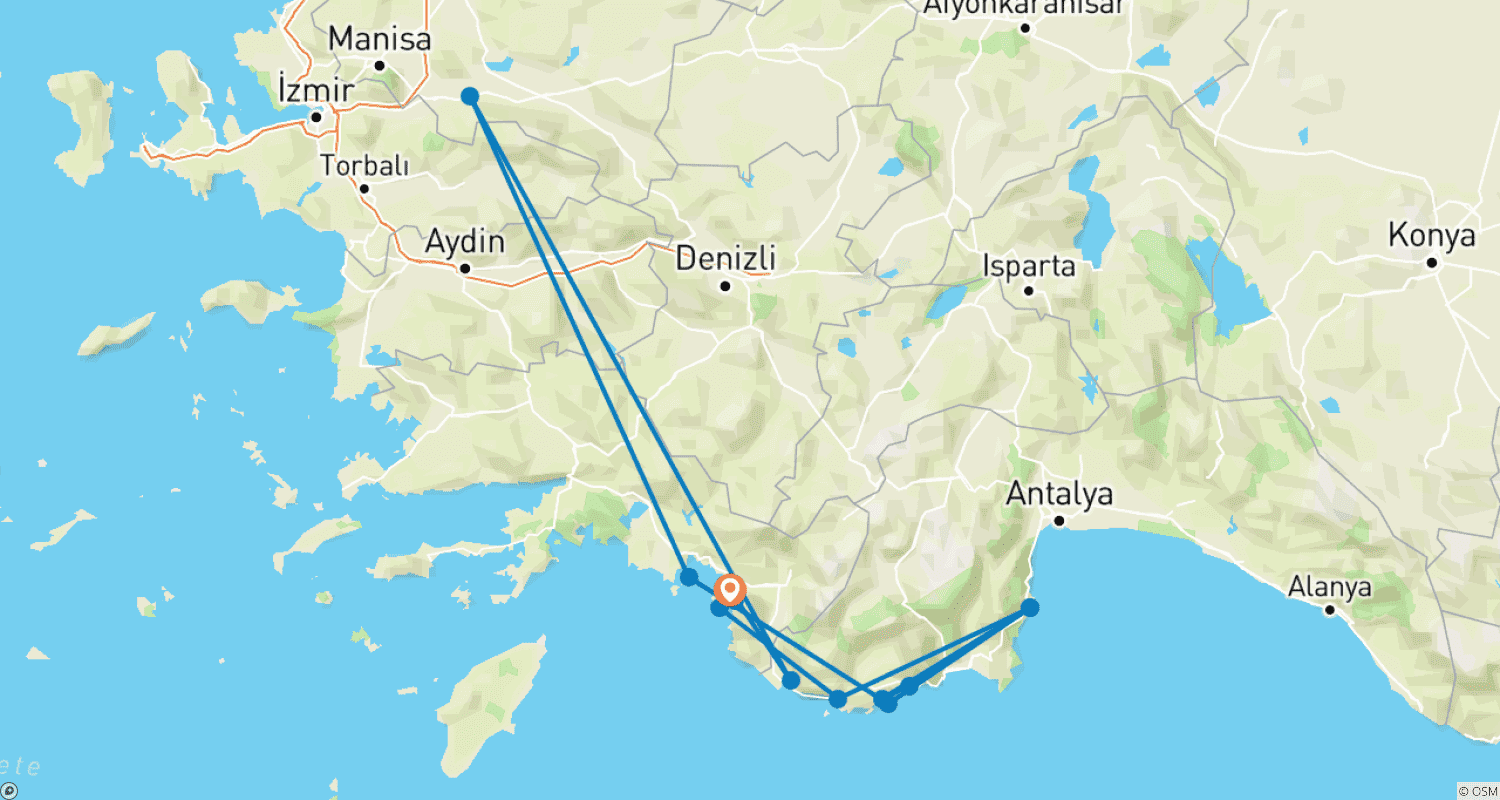Mapa do percurso de Cruzeiro na Turquia - 8 dias
