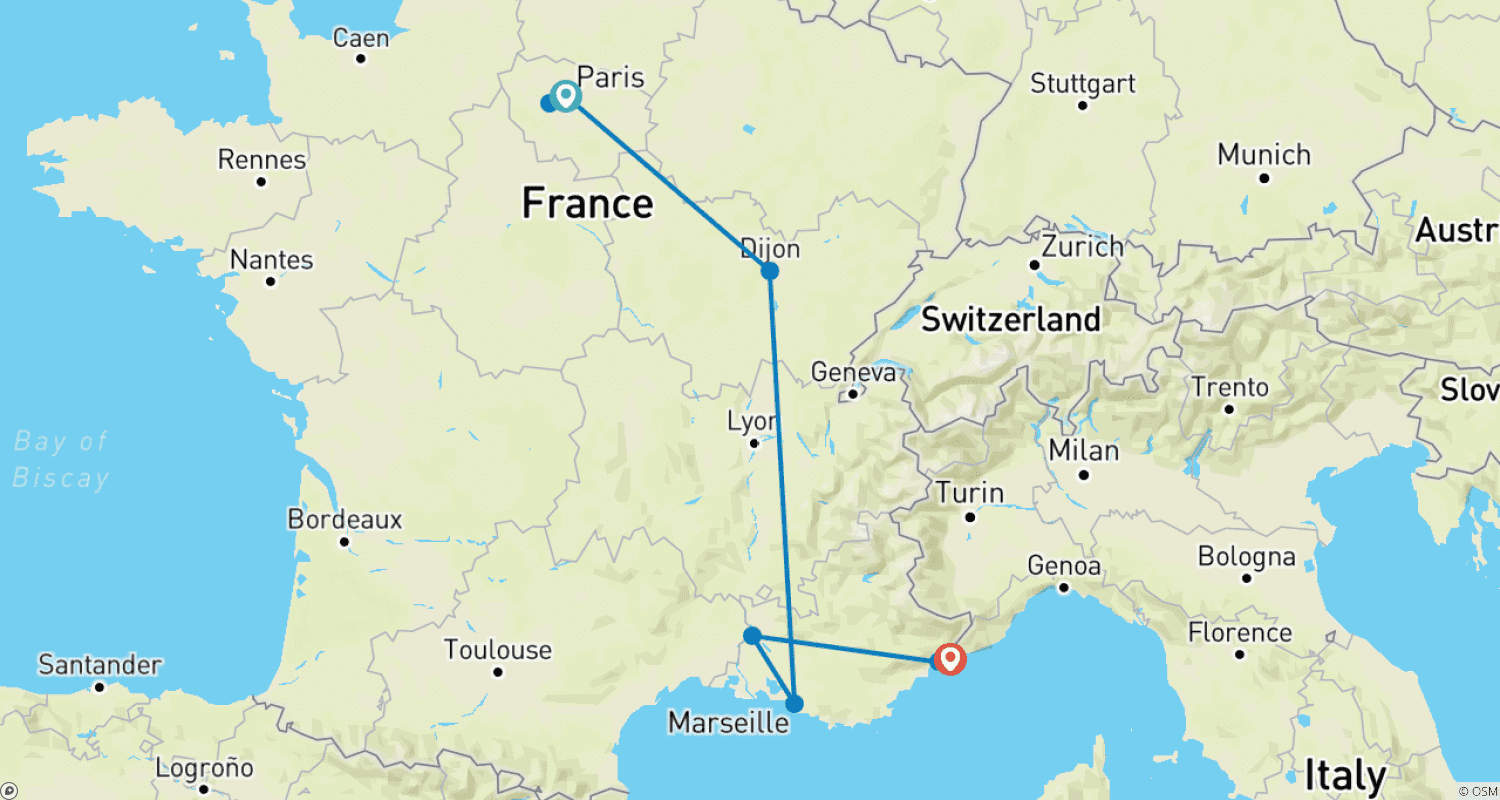 Mapa do percurso de Viagem Aventureira de 10 Dias Pela França (Cobrir Paris, Dijon, Marselha e Nice)
