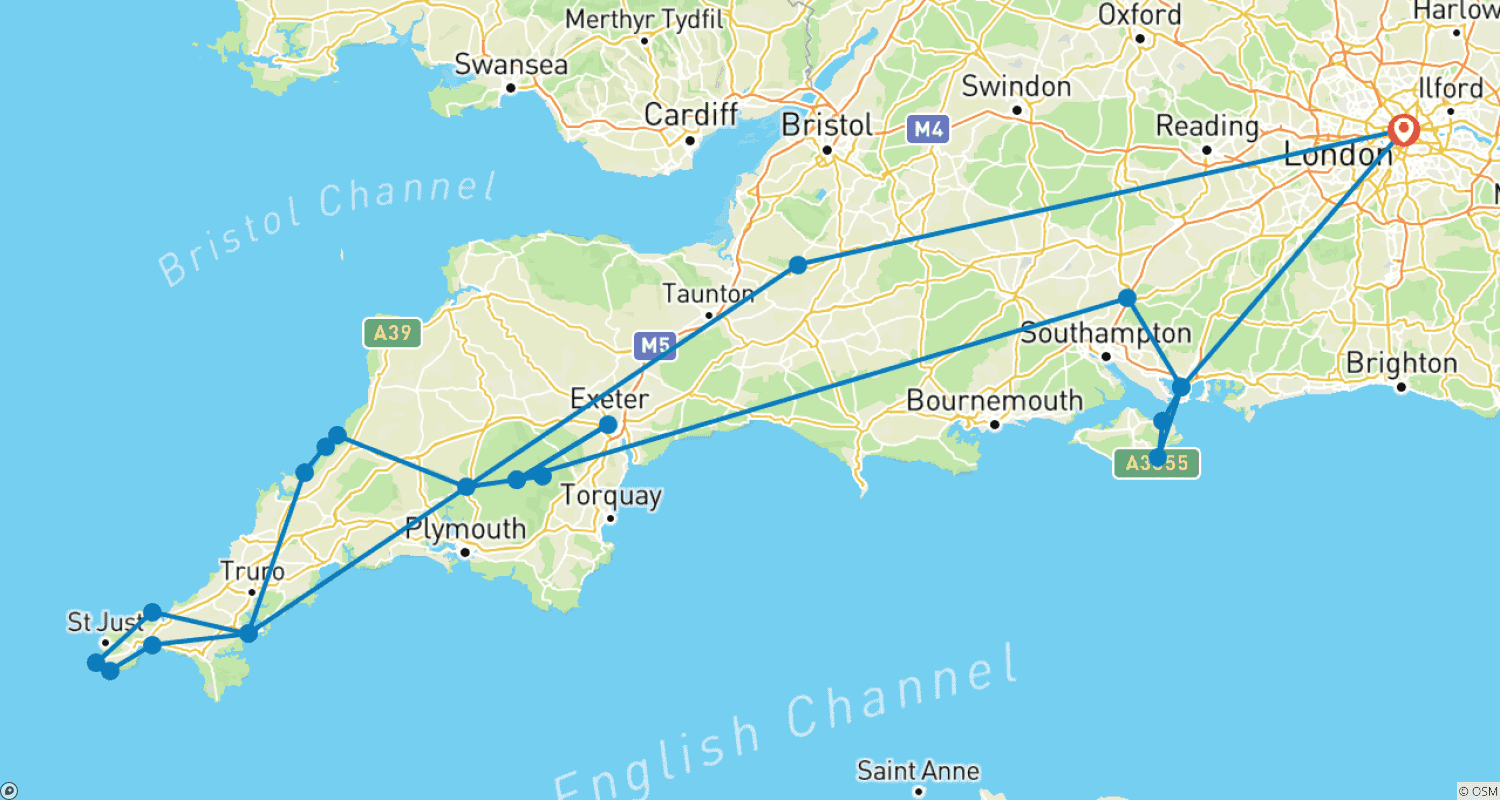 The Isle of Wight, Stonehenge, Cornwall & the Southern Coast - 7 Days - Small Groupのルートマップ