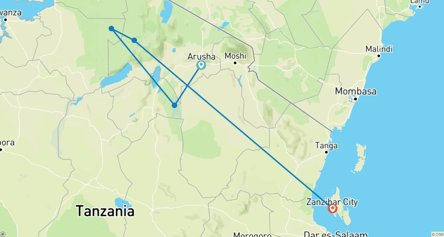 خريطة مسار 8-Day Mid Range Safari & Zanzibar Beach Extension