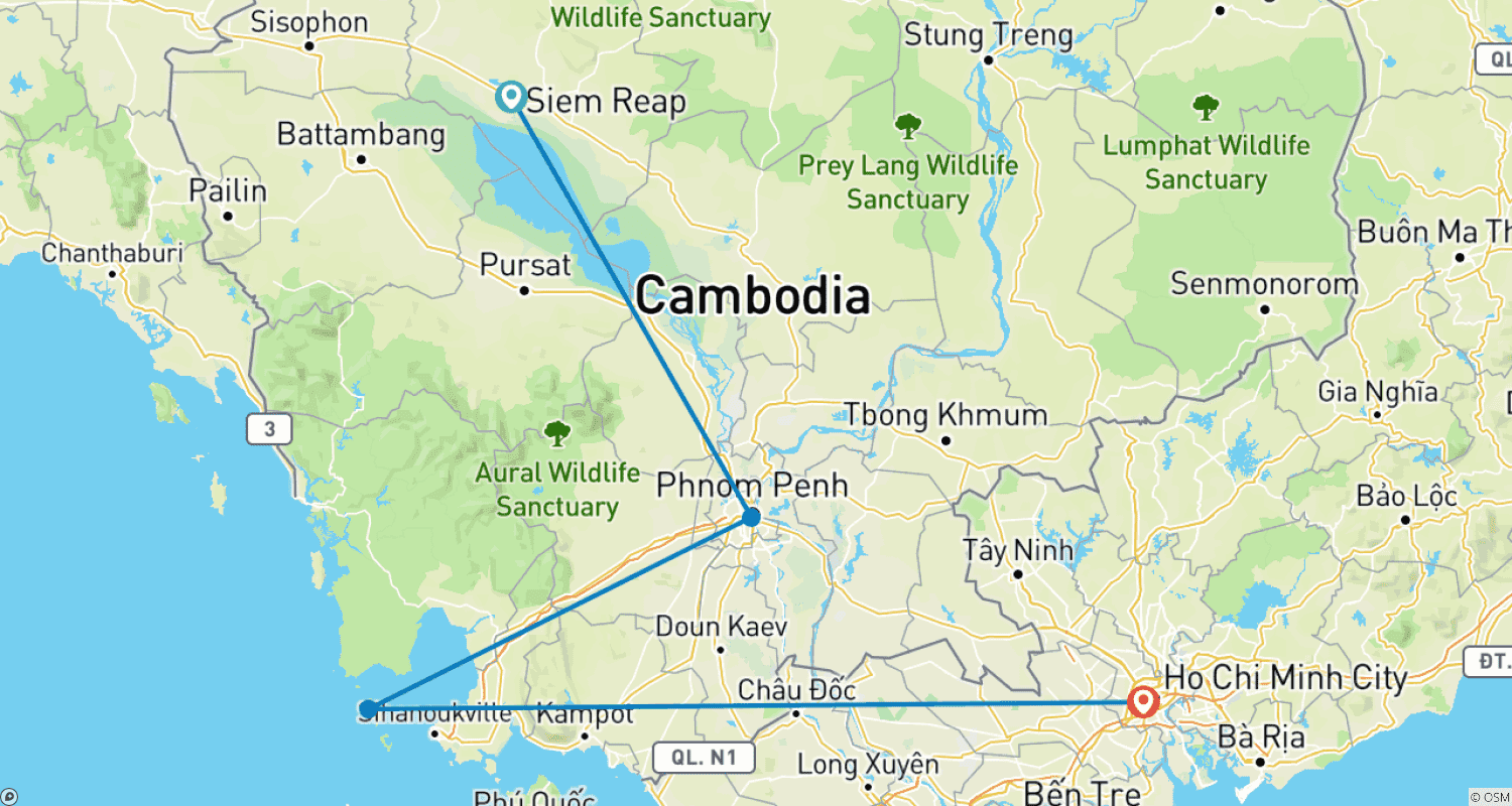 Mapa do percurso de Camboja ao Vietnã: Templos, Praias de Koh Rong e a Agitação da Grande Cidade
