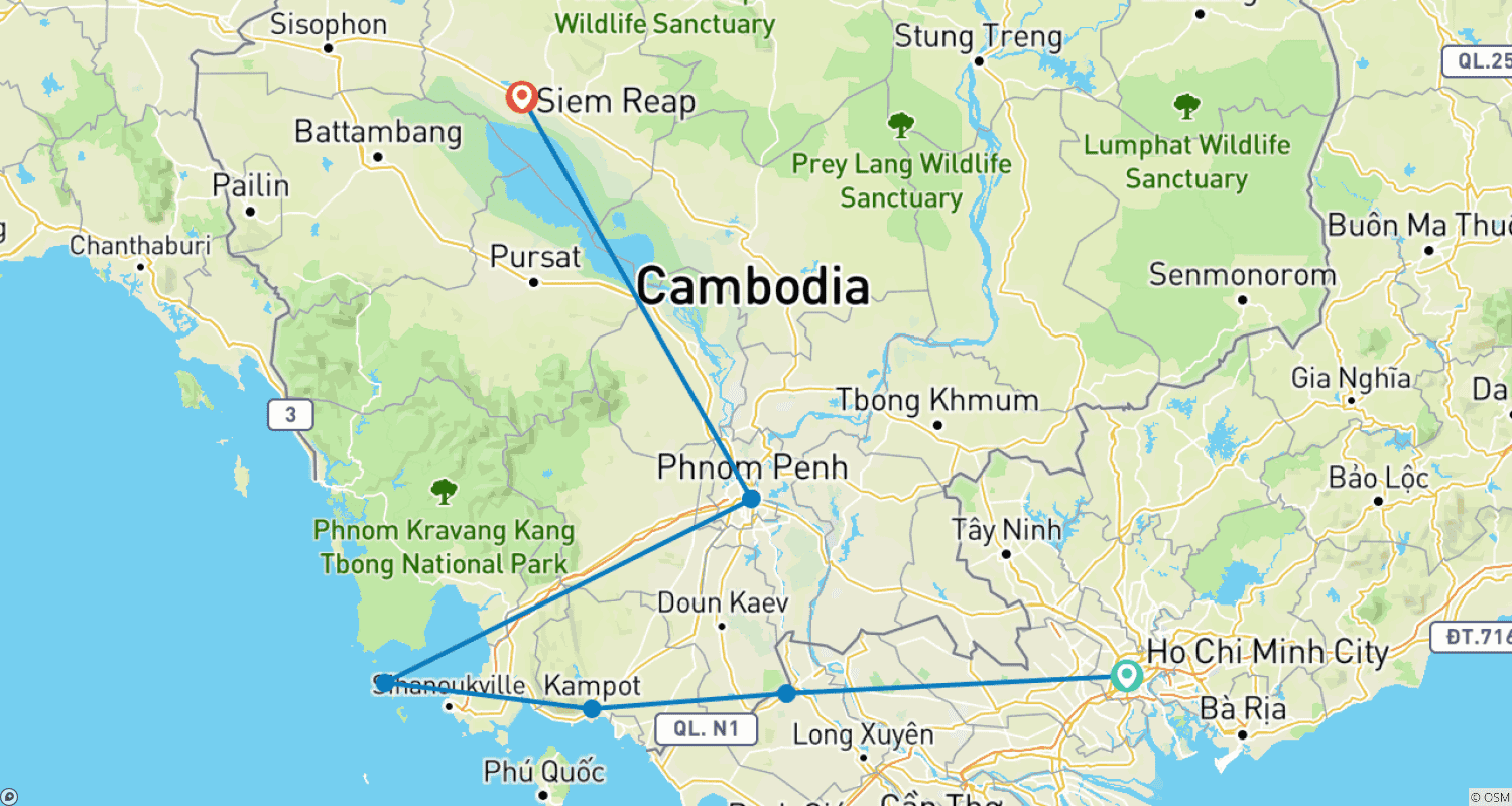 Mapa do percurso de Vietnã ao Camboja: Cidade de Ho Chi Minh, Siem Reap e Bares de Praia