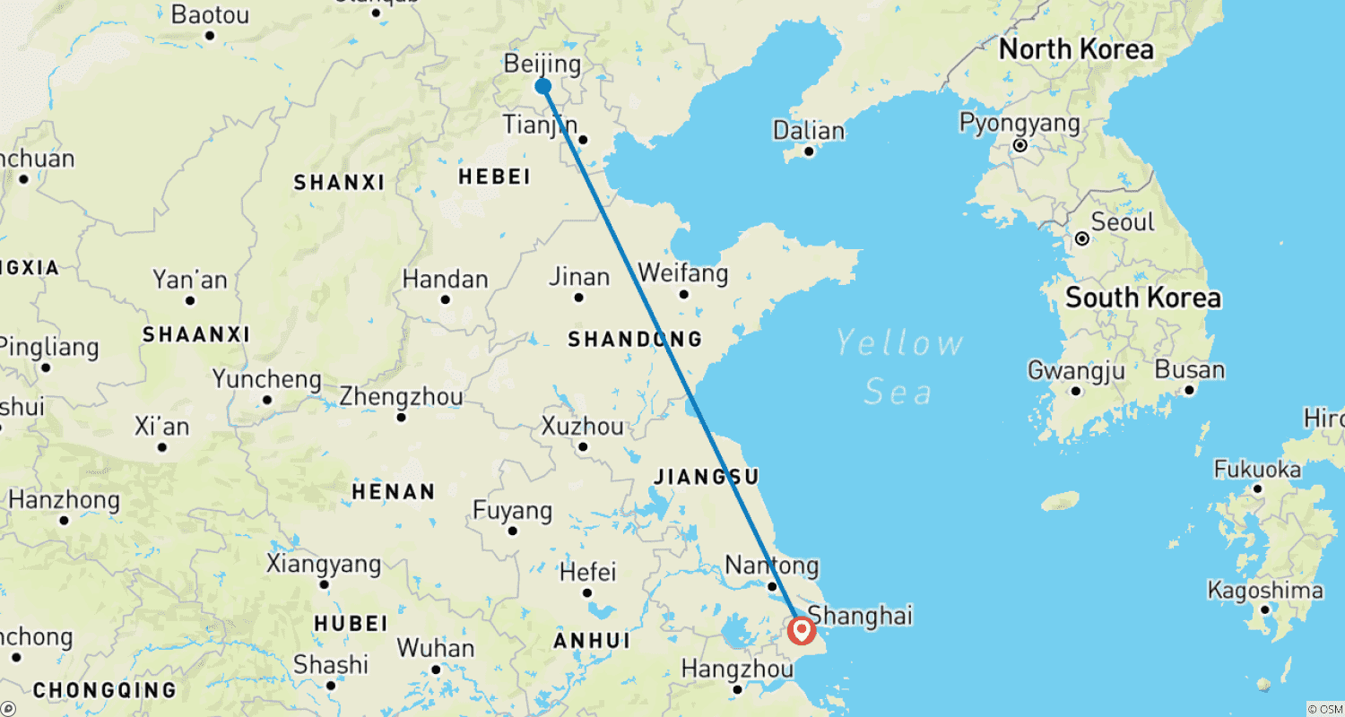 Mapa do percurso de Passeio Privado de Um Dia à Grande Muralha de Pequim saindo de Xangai