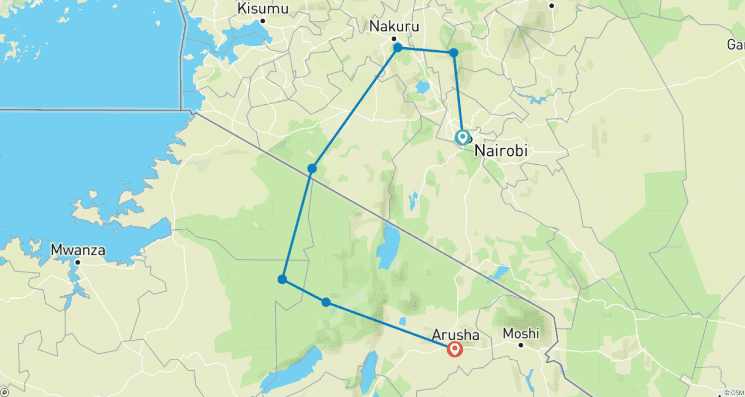 Mapa do percurso de Safári Clássico de 10 Dias: O Melhor do Quênia e da Tanzânia
