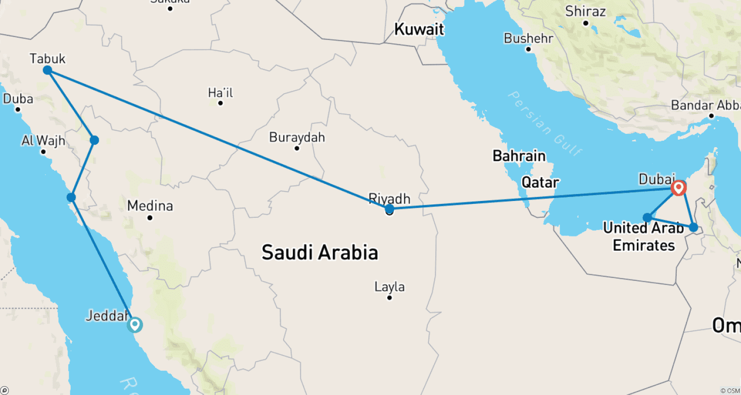 Mapa do percurso de KSA e EAU: Das Areias Sauditas aos Horizontes dos EAU