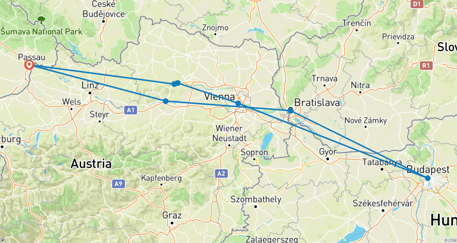 Mapa do percurso de Danúbio Imperial – VISTAMILLA Intermediário
