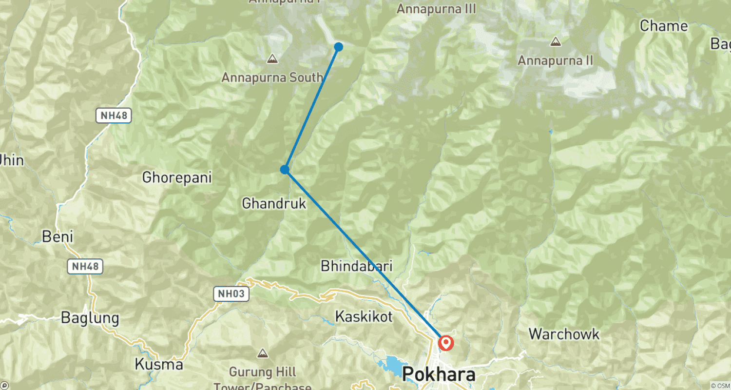 Mapa trasy: Short Annapurna Base Camp Trek - 4 Days
