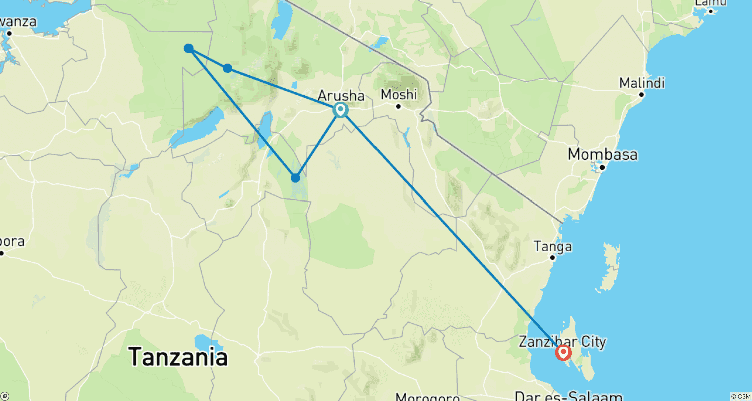 خريطة مسار 10-Day Tanzania Wildlife and Beach Safari