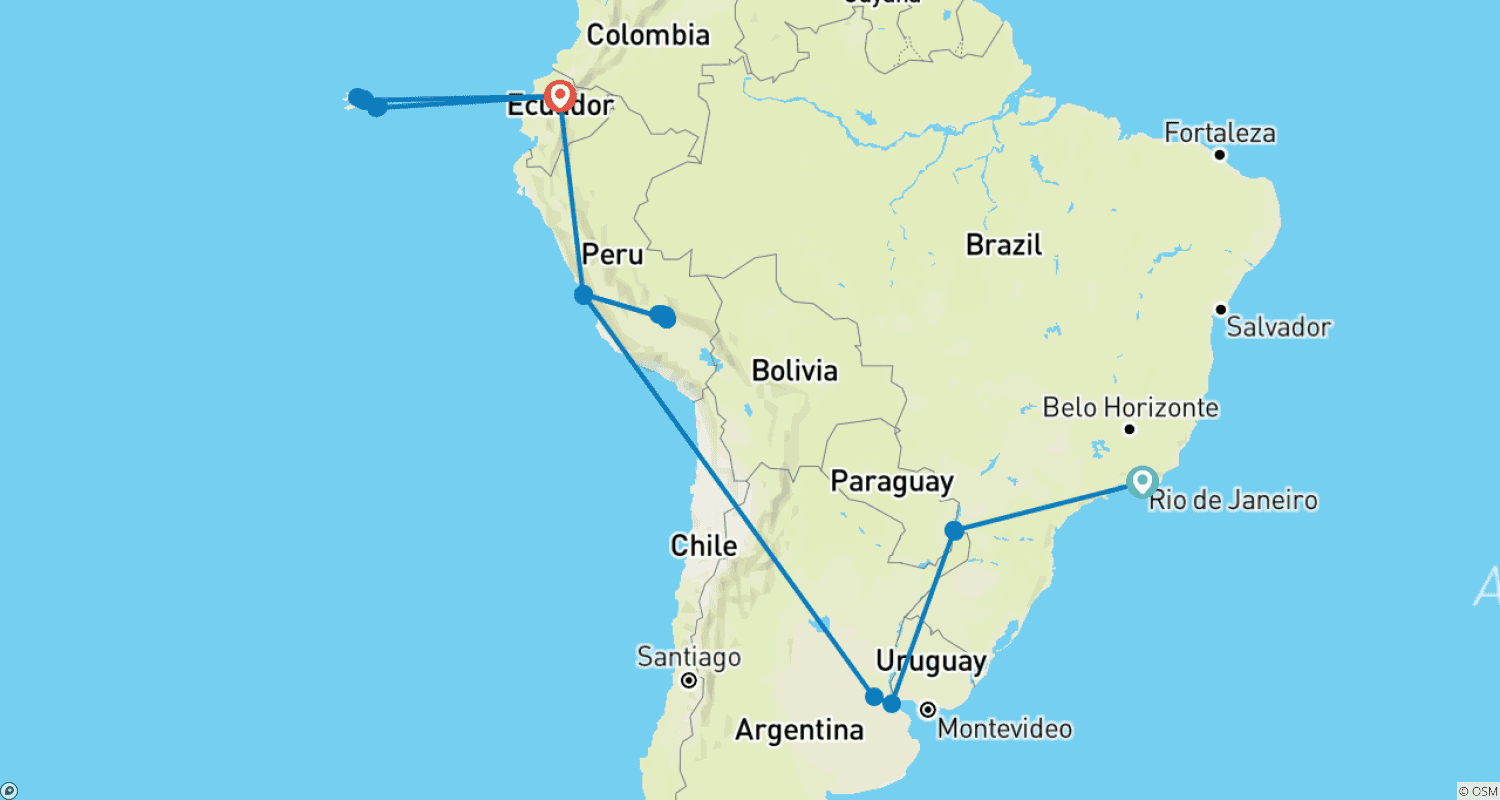 Mapa do percurso de América do Sul Revelada (Cruzeiro Leste de Galápagos)