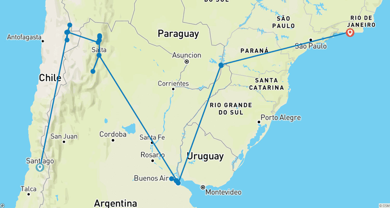 Mapa trasy: Chile, Argentyna i Brazylia – Wycieczka objazdowa 17 dni: Pustynia, Metropolie i Wodospady