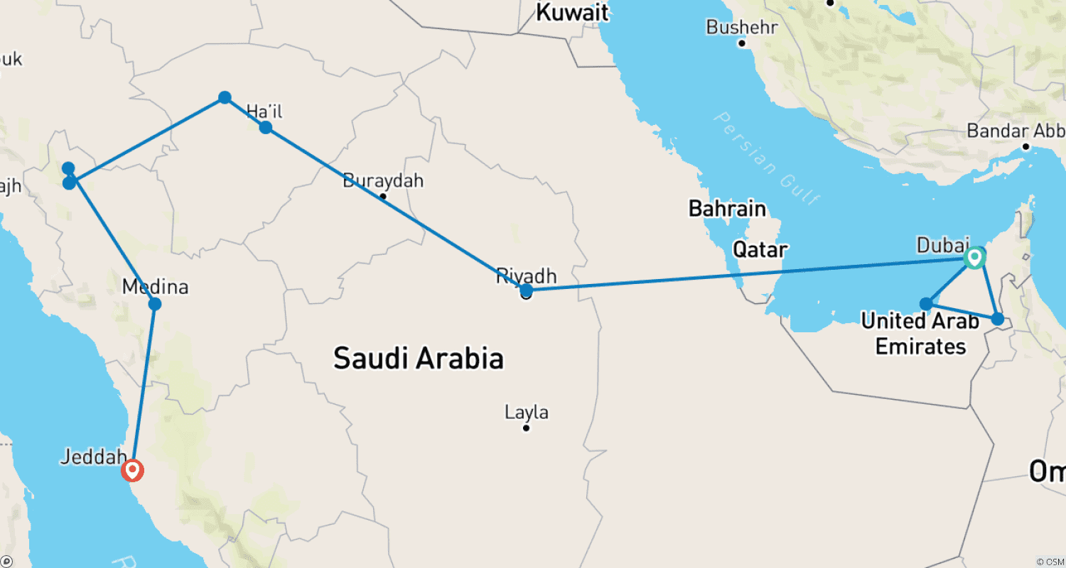 Mapa do percurso de EAU e KSA: Dupla Delícia Árabe