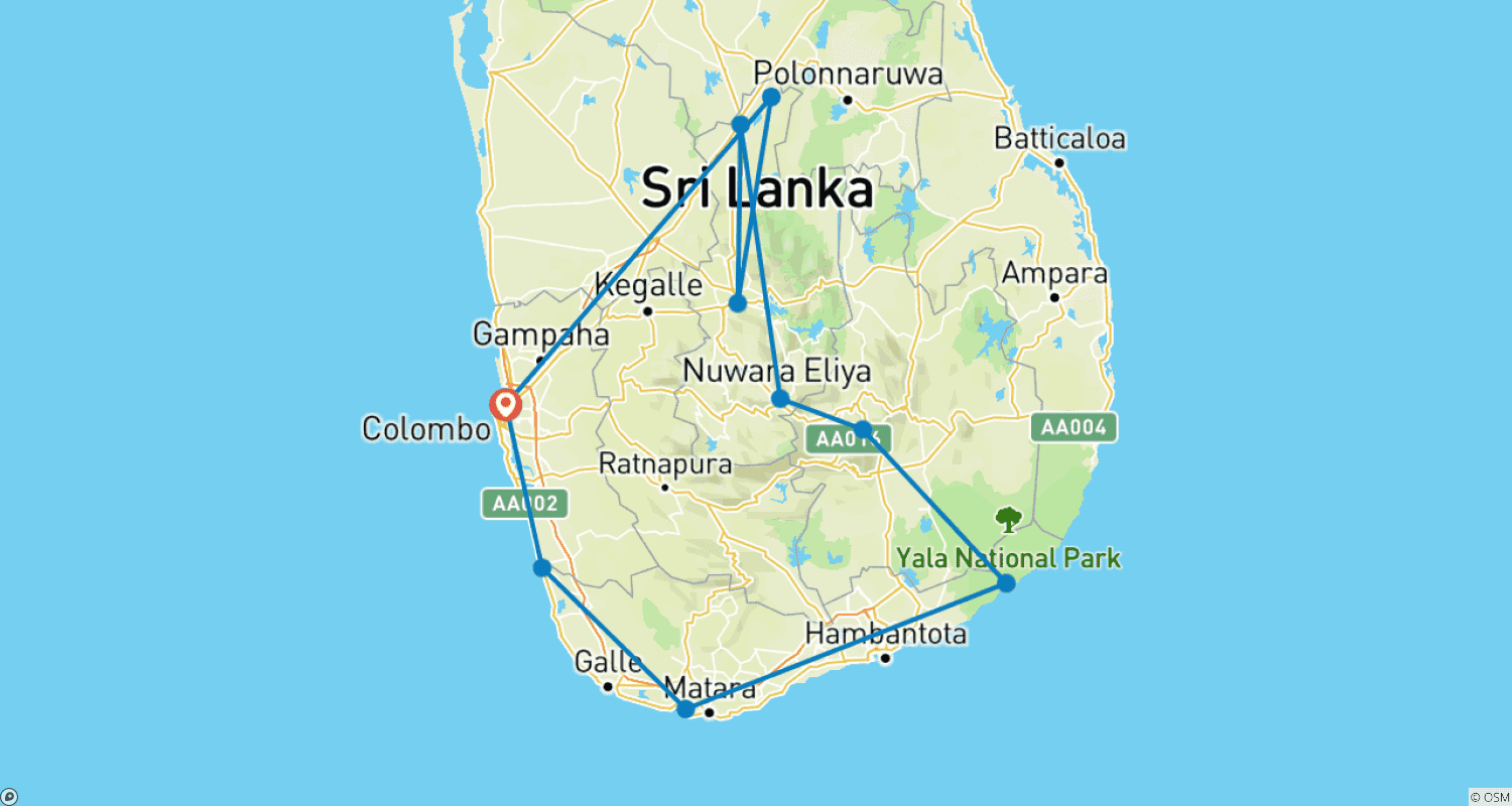 Discover Sri Lanka 7 Nights / 8 Daysのルートマップ