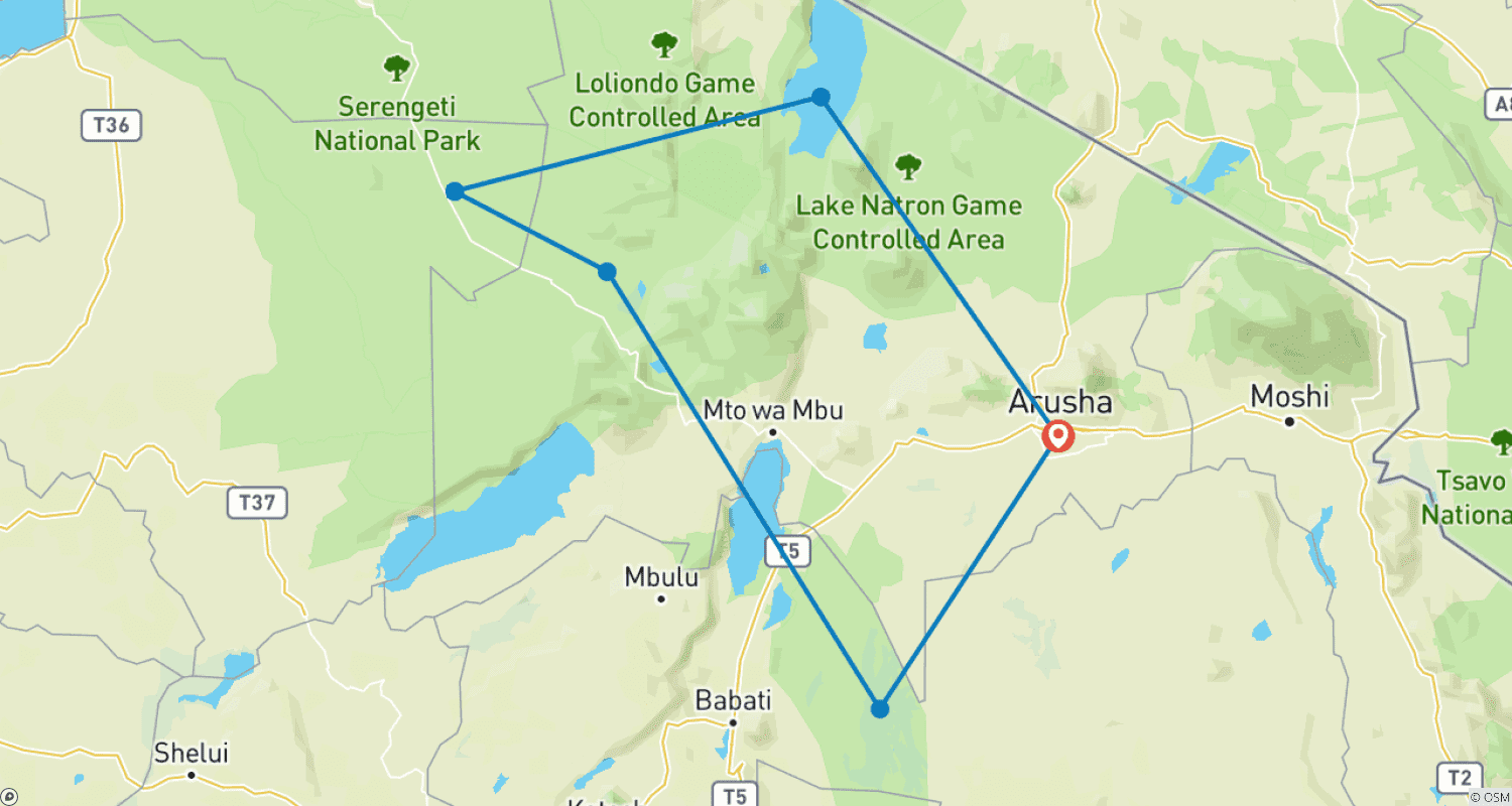 5-Day Across the Wild Plains Migration Expeditionのルートマップ