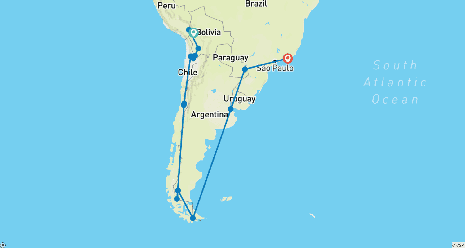 The Grand Southern Experience: Andes, Patagonia & Rio 20-Day Tourのルートマップ