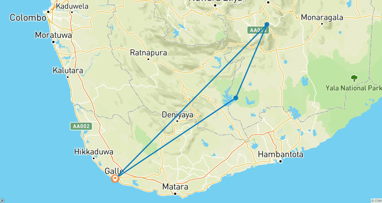 Mapa trasy: Odkryj Słonie i Górski Kraj Sri Lanki w Zaledwie 2 Dni