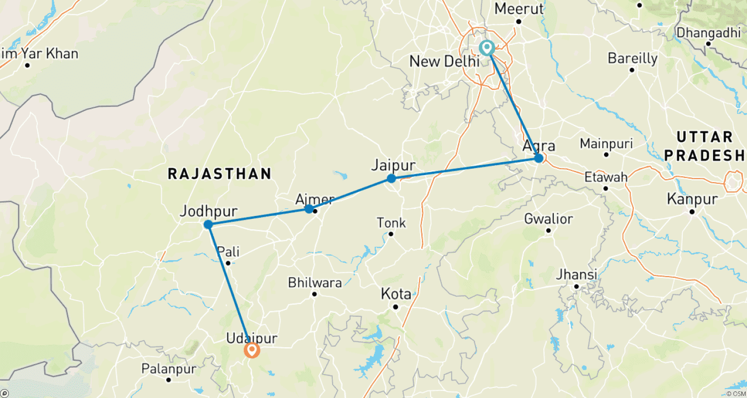 8 Day Golden Triangle Tour with Rajasthanのルートマップ